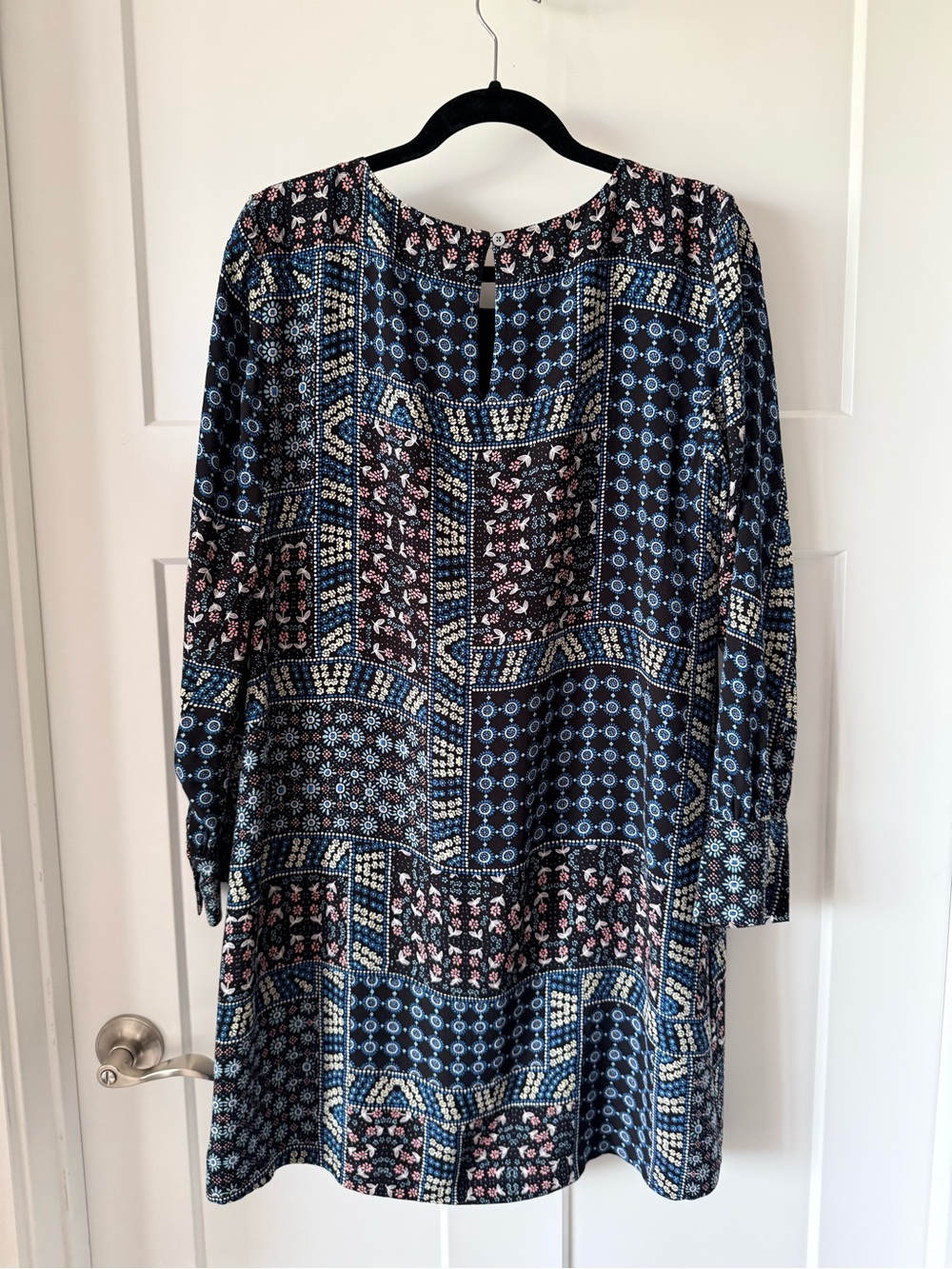 LOFT Navy Blue Patchwork Print Long Sleeve Dress Size 10 - Picture 4 of 5